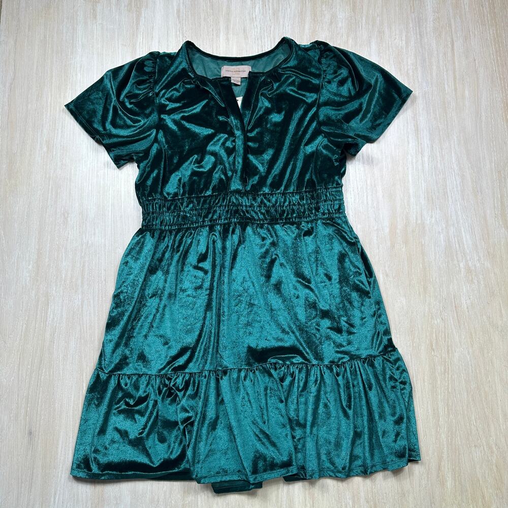 NWT French Connection Emerald Green Velvet Smocked Holiday Tiered Mini Dress LG